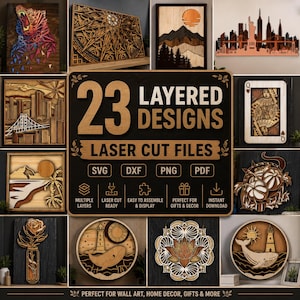 May include: A digital collection of 23 layered laser cut designs featuring various wooden wall art projects including a bear, city skylines, landscapes, a playing card, a rose, a whale, and a lotus flower, with file formats SVG, DXF, PNG, and PDF.