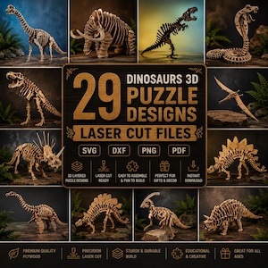 29 laserskurna dinosauriepussel 3D, skelettleksaksdesigner (digital nedladdning)