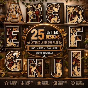 Puede incluir: Una colección de 25 diseños de letras cortadas con láser en capas con intrincados motivos de animales y naturaleza. La descarga digital incluye archivos SVG, DXF, PNG y PDF. Cada letra de madera muestra siluetas detalladas de animales como tigres, conejos y jirafas.