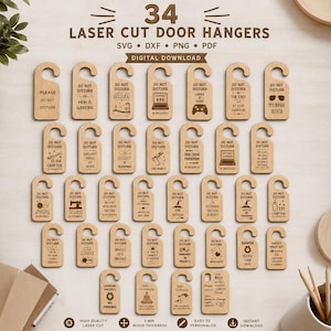 May include: A collection of 34 laser-cut wooden door hangers featuring various engraved text and graphic designs. The set includes digital file formats labeled as SVG, DXF, PNG, and PDF, with text indicating 3mm wood thickness.