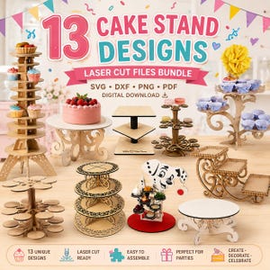 Pode incluir: Um pacote digital de 13 designs de suportes para bolos cortados a laser, incluindo vários expositores de madeira de vários níveis, torres de cupcakes e suportes decorativos. A imagem inclui etiquetas para formatos de ficheiro SVG, DXF, PNG e PDF.