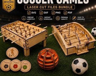 May include: A digital graphic displaying a 4 soccer games laser cut files bundle with SVG, DXF, PNG, and PDF icons. The image features two wooden foosball table models, a spherical wooden puzzle, and three circular wooden tokens on green turf.