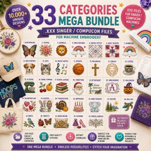 May include: A digital mega bundle of 33 machine embroidery design categories including butterflies, animals, and holidays. The graphic features text labels for each category, a list of XXX Singer and Compucon file formats, and icons for instant download.