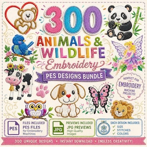 Può includere: Una collezione digitale di 300 disegni per ricamo di animali e fauna selvatica in formato PES. L'immagine presenta un orsacchiotto, un panda, un uccellino blu, una fata, una mucca, un cucciolo, una farfalla e un leone. Il testo include 300 ANIMALS & WILDLIFE.