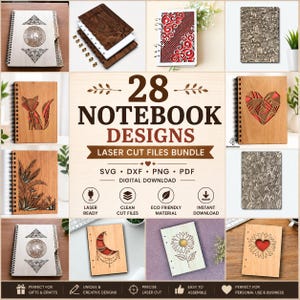 Puede incluir: Un paquete de descarga digital con 28 diseños de cuadernos cortados con láser. La colección incluye varias portadas de madera con grabados detallados de zorros, corazones, flores, lunas y patrones geométricos, en formatos SVG, DXF, PNG y PDF.