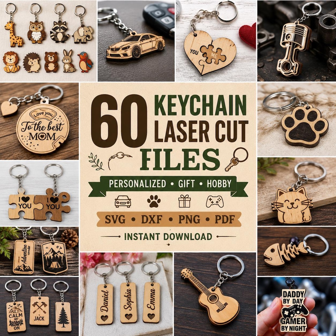 60 Keychain Laser Cut Files, SVG DXF Bundle, Wood Acrylic Vector ...