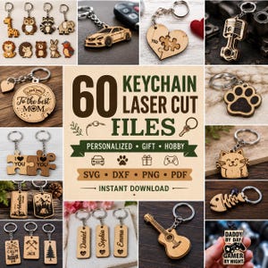 60 Keychain Laser Cut Files, SVG DXF Bundle, Wood Acrylic Vector Designs (Instant Download)
