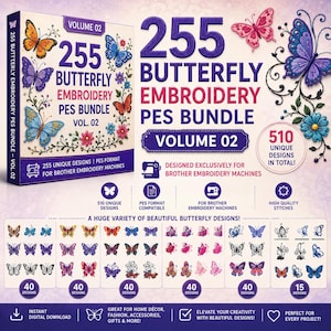 以下が含まれることがあります： 255 Butterfly Embroidery PES Bundle Volume 02というタイトルのデジタル製品バンドル。カラフルな蝶のイラスト、510種類のユニークなデザインの詳細テキスト、ブラザー刺繍機との互換性、およびさまざまな蝶のパターンのプレビューが含まれています。