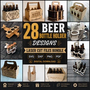 Könnte beinhalten: Eine digitale Sammlung von 28 Bierflaschenhalter-Designs für den Laserschnitt, mit verschiedenen Holzträgerstilen mit Ausschnitten, Gravuren und Steckverbindungen. Das Paket enthält SVG-, DXF-, PNG- und PDF-Dateiformate zum Herunterladen.