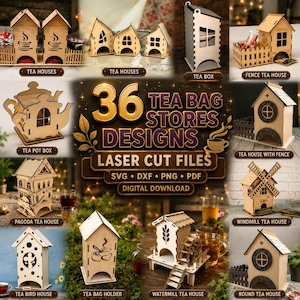 Paquete de 36 archivos de corte láser para soportes de bolsitas de té / Casa de té, almacenamiento, organizador (descarga digital)