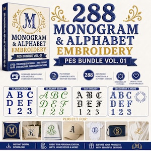 Pacchetto PES da 288 monogrammi e alfabeti ricamati, volume 1 / 8 font per ricamo