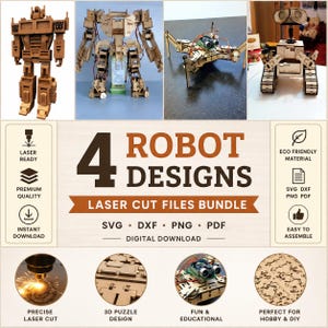 Op de afbeelding: Een digitaal downloadpakket met 4 robotontwerpen voor lasersnijden. De afbeelding toont vier geassembleerde houten robotmodellen, de tekst 4 ROBOT DESIGNS LASER CUT FILES BUNDLE en ronde iconen die lasersnijden en assemblage-details weergeven.
