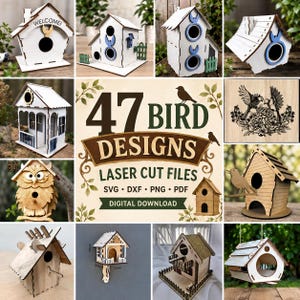 May include: A digital collection of 47 birdhouse designs for laser cutting, featuring SVG, DXF, PNG, and PDF files. The image displays various wooden birdhouse models, including white painted structures, natural wood finishes, and intricate bird engravings.