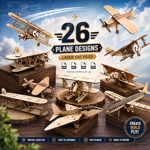 May include: A collection of 26 laser cut wooden aeroplane models in various styles, including biplanes and monoplanes. The digital file set includes SVG, DXF, PNG, and PDF formats. Text on the image reads 26 PLANE DESIGNS, LASER CUT FILES, and CREATE BUILD FLY.