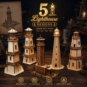 May include: Five distinct laser-cut wooden lighthouse models displayed together. The text reads 5 Lighthouse DESIGNS LASER CUT FILES SVG DXF PNG PDF. Each structure features intricate architectural details, including railings, windows, and balconies.