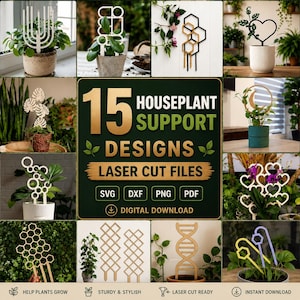 Può includere: Una collezione di 15 design di supporti per piante da interno con file per taglio laser in formato SVG, DXF, PNG e PDF. L'immagine mostra vari tralicci geometrici, a forma di cuore e a griglia utilizzati per la crescita verticale.