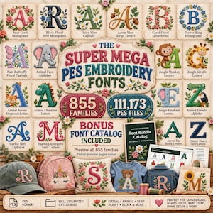 May include: A digital collection of 855 embroidery font families and 111,173 PES files, featuring various alphabet styles including floral, animal, and script designs. The display includes embroidered samples on a hat, bag, pillow, and shirt.