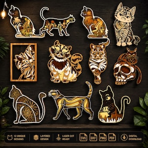 May include: A collection of 13 layered wooden cat designs for laser cutting. The set includes various feline silhouettes, some featuring intricate patterns, landscape scenes, or a skull motif. Digital files include SVG, DXF, PNG, and PDF formats.
