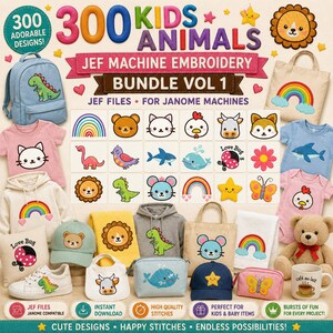 Può includere: Una collezione digitale di 300 disegni per ricamo a macchina JEF per bambini per macchine Janome. L'immagine mostra vari articoli ricamati tra cui zaini, magliette, felpe con cappuccio, cappelli, borse e una tazza con icone di animali colorati.