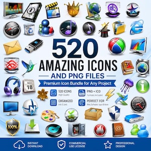 Puede incluir: Una pantalla gráfica digital con el texto 520 AMAZING ICONS AND PNG FILES, rodeada por una colección de iconos tridimensionales coloridos y brillantes que representan diversos programas informáticos, herramientas, medios y símbolos de Internet.