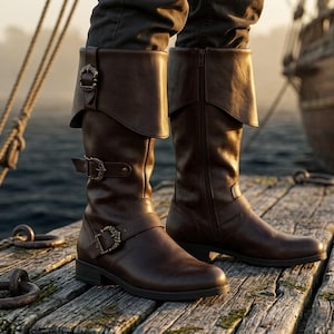 May include: A pair of dark brown mid-calf boots featuring a wide fold-over cuff at the top. The boots are adorned with three decorative metal buckles along the outer side and include a vertical zipper closure on the inner side of each boot.