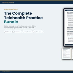 Könnte beinhalten: Ein digitales Tablet zeigt ein Textdokument, begleitet von drei kleineren Dokumenten darunter. Der Text lautet "The Complete Telehealth Practice Bundle" und ist für Psychotherapeuten gedacht. Das Design ist auf hellblauem Hintergrund.