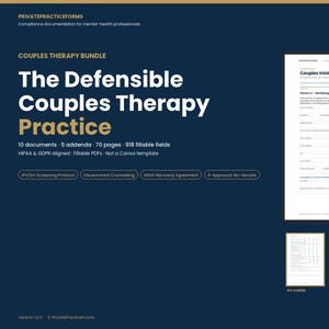 Könnte beinhalten: Dunkelblaue Grafik mit dem Text "The Defensible Couples Therapy Practice". Das Bild enthält ein Dokument mit dem Titel "Couples Intake & Relationship History" und drei kleinere Dokumentvorschauen. Der Text erwähnt auch 10 Dokumente, 5 Anhänge und 70 Seiten.