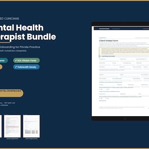 Könnte beinhalten: Ein digitales Produktpaket für Therapeuten im Bereich der psychischen Gesundheit. Das Bild zeigt ein Tablet mit einem Klientenaufnahmeformular, zusammen mit einer Grafik mit dem Text "Mental Health Therapist Bundle". Das Paket umfasst 10 Dokumente, 834 ausfüllbare Felder und ist telemedizinisch geeignet.