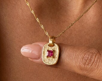 Gold Plated Square Birthstone Necklace,Personalized Necklace, Mom Gift,Unique Birthstone Necklace