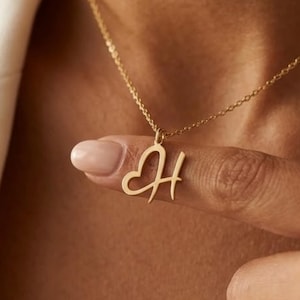 Heart Initial Necklace With Script Letter Pendant Shape, Sterling Silver Personalized Love Letter Necklace, Gift for Her