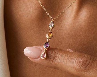 Vertical Teardrop Birthstone Necklace with Multiple Custom Stones, Family Birthstone Necklace, Mom Jewelry Gift for Her