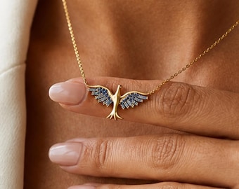 Phoenix Bird Necklace With Blue Crystal Wing Details, Sterling Silver Fantasy Firebird Pendant, Good Luck Gift for Her
