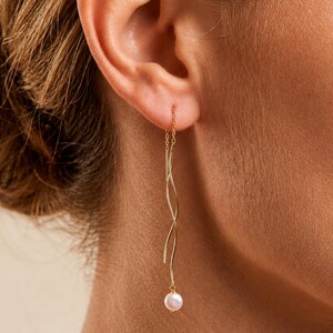 Pearl Threader Earrings with Elegant Drop Design, Sterling Silver Pull Through Bridal Earrings, Christmas Gift for Her