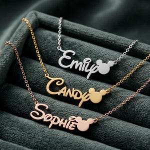 Name Necklace With Minnie Mouse Head Charm and Script Lettering, Sterling Silver Personalized Bow Name Necklace, Gift for Her image 2