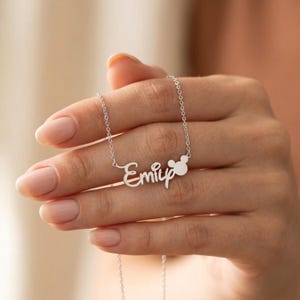 Name Necklace With Minnie Mouse Head Charm and Script Lettering, Sterling Silver Personalized Bow Name Necklace, Gift for Her image 4