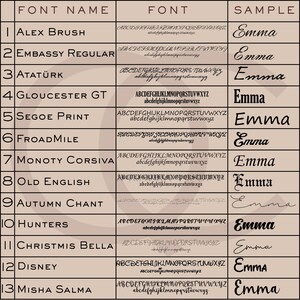 May include: A chart displaying 13 different font styles, each with a name, a sample of the font, and the full alphabet. The fonts vary in style, from elegant scripts to bold, block letters. The word "Emma" is used as a sample for each font.