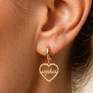 Heart Name Hoop Earrings, Personalized Heart Charm Earrings, Script Name Jewelry, Sterling Silver Custom Gift for Her
