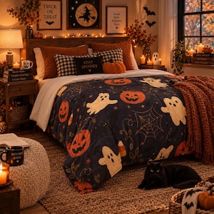 May include: A dark blue comforter featuring a pattern of orange jack-o'-lanterns, white ghosts, spiderwebs, and candy corn. The bedding set includes a black accent pillow with the text 'STAY SPOOKY' and a thick, textured orange throw blanket.