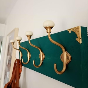 Wall-Mounted Coat Rack in Petrol Blue Wood with 4 Gold Metal Hooks | Vintage Style Coat Rack with Ceramic Knob | Handmade Entryway Coat Rack