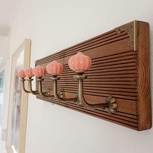 Handmade Wooden Wall Coat Rack | Pink Ceramic Knobs | Brass Hooks | Bohemian Entryway Decor | Vintage Style | 4 Hooks | Wood Hanger