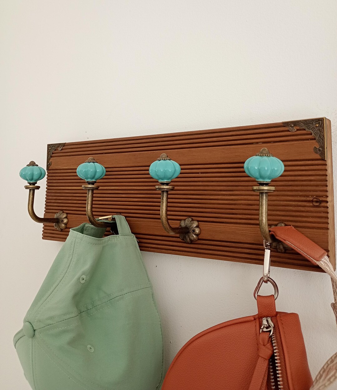 Turquoise Coat Rack Handmade Wooden Wall-mounted Coat Rack – Turquoise Ceramic Knobs – Aged ...