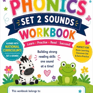 May include: A vibrant "Phonics Set 2 Sounds Workbook" featuring a cartoon zebra and frog. The cover includes the text "Learn, Practise, Read, Succeed!" and "Building strong reading skills one sound at a time!" for early reading development.