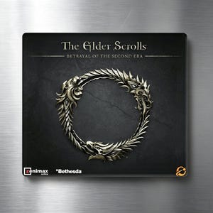 May include: A square black mousepad featuring the silver Ouroboros dragon emblem from The Elder Scrolls: Betrayal of the Second Era. The text reads The Elder Scrolls, Betrayal of the Second Era, Zenimax Online, and Bethesda, with a small orange logo.