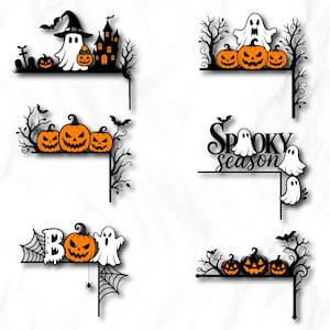 May include: A collection of six black and orange Halloween-themed corner decorations featuring ghosts, jack-o'-lanterns, haunted houses, bare trees, spider webs, bats, and the text "SPOOKY season" and "BOO" in various stylized arrangements.
