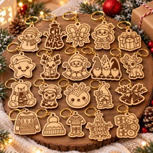 May include: A collection of twenty wooden keychains featuring various Christmas-themed engravings, including a snowman, Santa Claus, reindeer, gnomes, bells, gift boxes, a sweater, a beanie, and text reading "CHRISTMAS" and "MERRY CHRISTMAS".