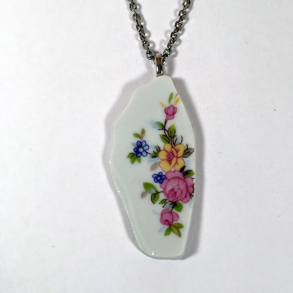 BC-108 Exquisite Handcrafted  Floral  Design Broken China Necklace with 20" Stainless Steel Chain