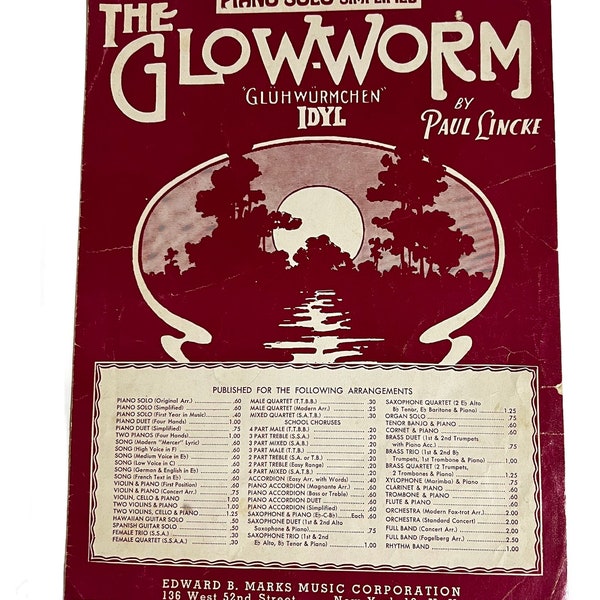 VTG The Glow Worm by Paul Lincke Edward Marks Music Corp Circa 1937