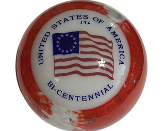 VTG Woods Bi-Centennial United States of America Flag Round Glass Paperweight #196