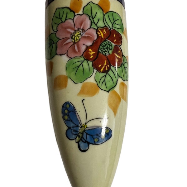 VTG Japanese Large Floral with Blue Butterfly Porcelain Wall Pocket Vase 6.75"