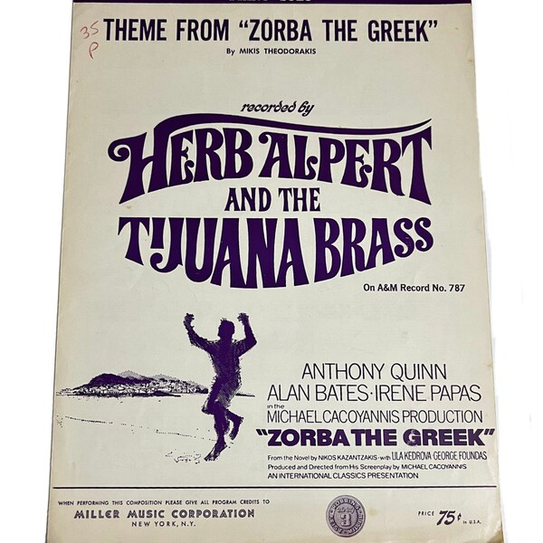 VTG Piano Solo Theme From Zorba the Greek Music Sheet Miller Music Corp Circa 1964